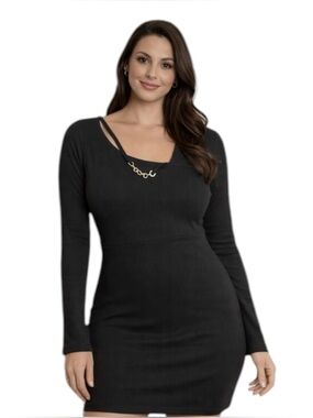 Air Space Black Mini Dress Size M Long Sleeve Chain Detail Bodycon